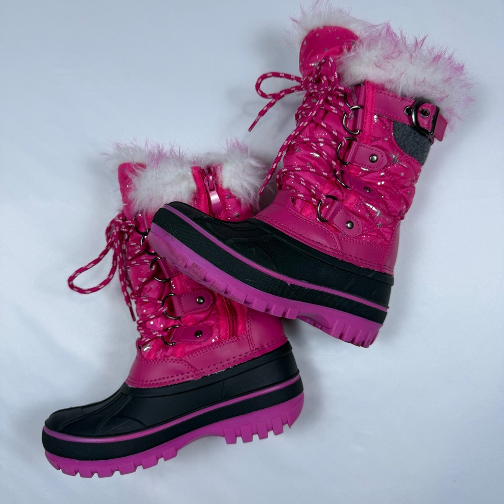 KRIVER-1 Snow Boots Kids Size 13 Pink Star Quilted Faux Fur Trim Duck Boots